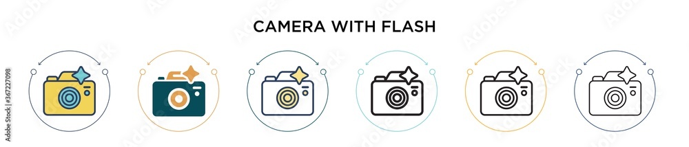 Camera with flash icon in filled, thin line, outline and stroke style. Vector illustration of two colored and black camera with flash vector icons designs can be used for mobile, ui, web - obrazy, fototapety, plakaty 