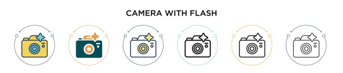 Camera with flash icon in filled, thin line, outline and stroke style. Vector illustration of two colored and black camera with flash vector icons designs can be used for mobile, ui, web