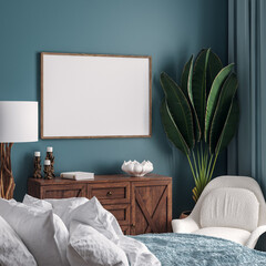 Mockup frame in dark blue bedroom interior background, 3d render