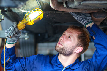 Wall Mural - Male auto mechanic working at the repair shop.