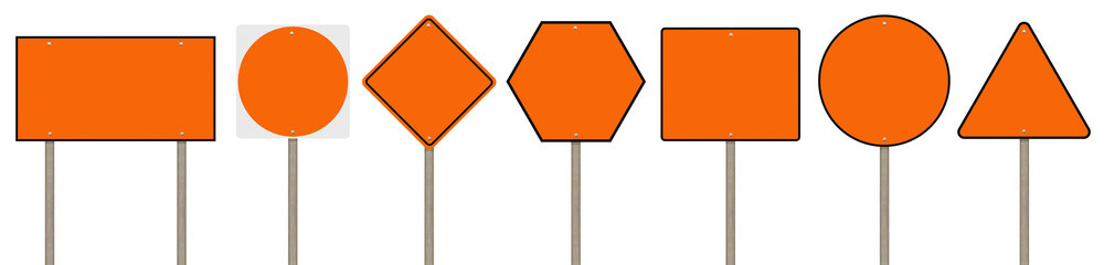Wall Mural - Collection of blank orange road sign or Empty traffic signs isolated on white background. Objects clipping path