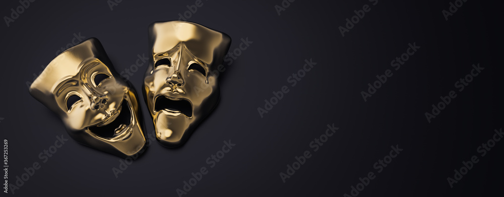 Golden theater masks of drama and comedy on a dark background (3D Rendering, illustration) - obrazy, fototapety, plakaty 