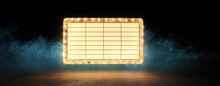 (3D Rendering, Illustration) Empty Vintage Theater Sign Floating Over A Wooden Background