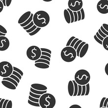 Coins Stack Icon In Flat Style. Dollar Coin Vector Illustration On White Isolated Background. Money Stacked Seamless Pattern Business Concept.
