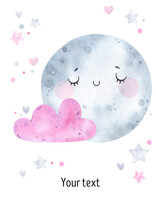 Cute Poster With Moon, Clouds, Stars, Watercolor. Sleep, Good Night, Sky, Sweet Dreams. Watercolor Prints Baby Room, Baby Shower, Greeting Card. Hand Drawn Illustration. Nursery Decor. Scandinavian