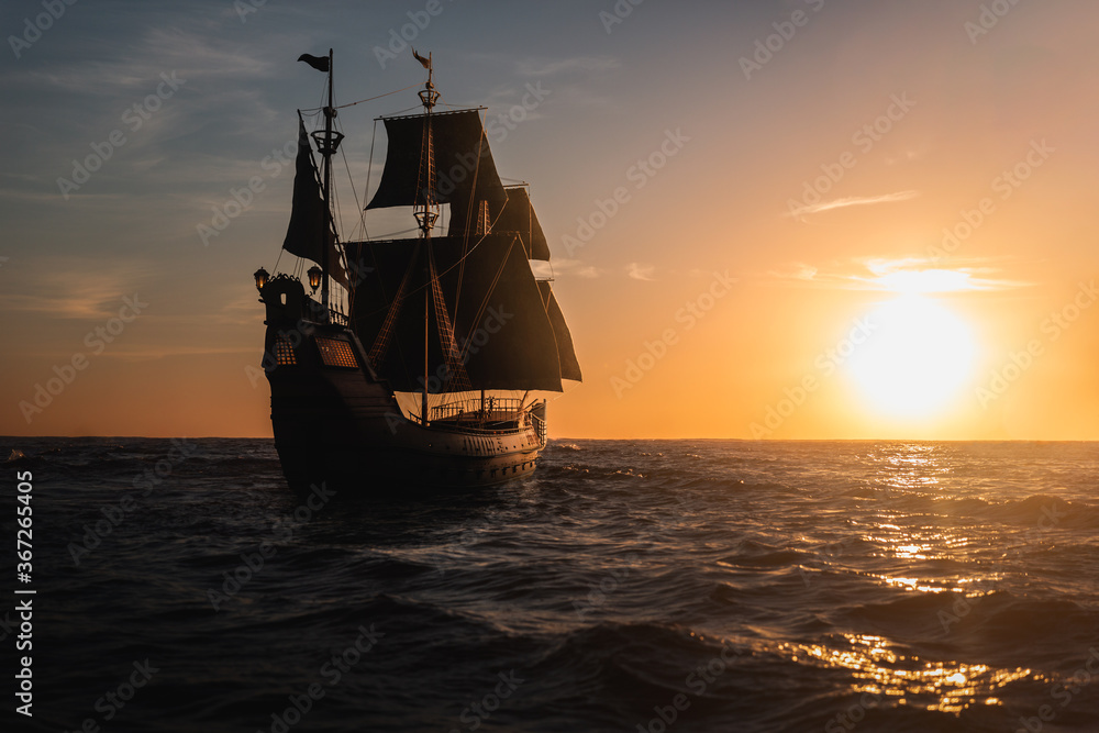  ( 3D illustration, Rendering ) VIntage black pirate ship sailing towards the sunset. - obrazy, fototapety, plakaty 