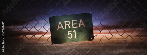 Fotografía Area 51 sign on a fence at dusk. (3D Rendering, illustration)