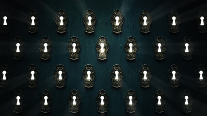 Wall Mural - ( 3d rendering, illustration ) light shining through a mysterious keyhole