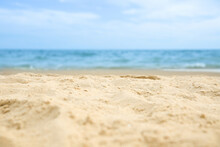Beautiful Sandy Beach And Sea On Sunny Day, Closeup. Summer Vacation