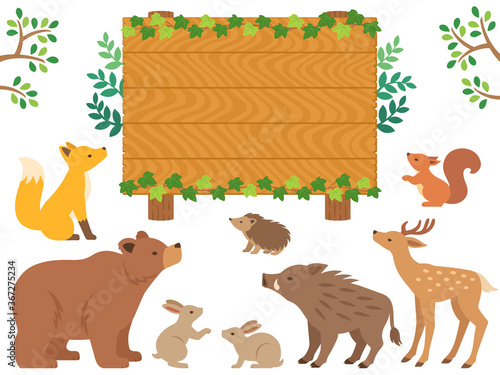 木の看板と森の動物たちのイラストセット Stock Vector Adobe Stock