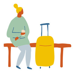 Wall Mural - Trip Flat Vector. Woman People with baggage in airport