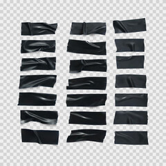 Realistic black glossy insulating tape strip. Sticky scotch isolated on transparent background. Duct tape pieces set. Vector illustration