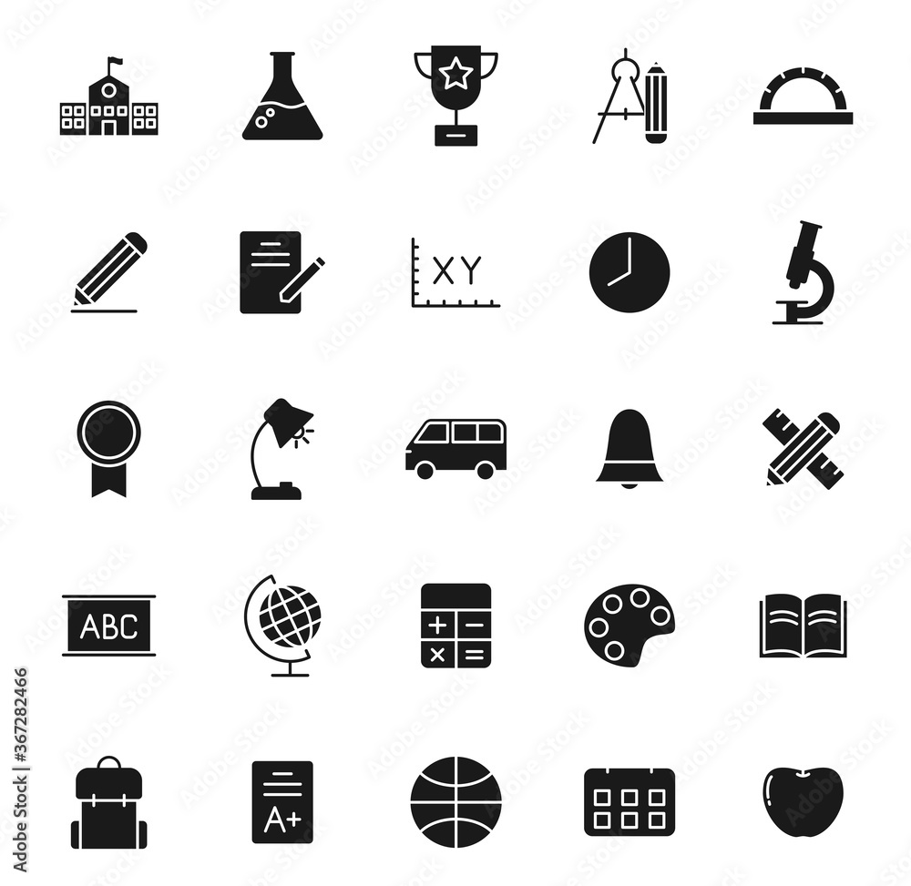 school black vector icons isolated on white background. school icon set ...