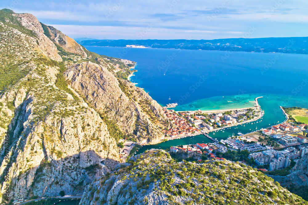 Cetina river canyon and mouth in Omis view from above - obrazy, fototapety, plakaty 
