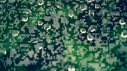 Abstract pattern of water droplets on insect screen, in tones of green. Looks like binary code background.