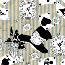 Alice In Wonderland Sketched Seamless Pattern Black White Coloring Page  Isolated 