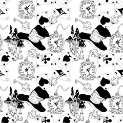 Alice in Wonderland sketched seamless pattern black white coloring page  isolated 