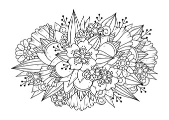 Black and white floral ornament. Coloring page for children and adults. Vector monochrome background.