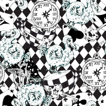 Alice In Wonderland Sketched Seamless Pattern Black White Coloring Page  Isolated 