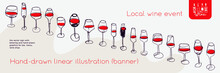 Horizontal Restaurant Banner With Wine Glasses Icons In Trendy Linear Style. Homemade Cooking With Cooking Utensils Vector. Cooking Courses Banner. Wine Glass Icon For Red Bar Poster, Local Wine Event