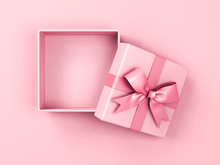 Blank pink pastel color present box or open gift box with pink ribbon and bow isolated on pink pastel color background with shadow top view 3D rendering