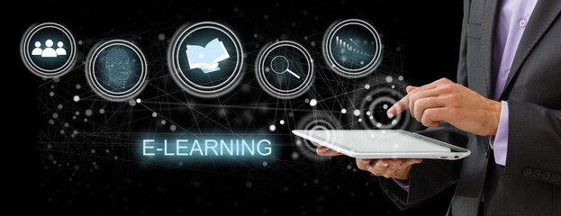 hand pressing learning word button. business concept. e learning