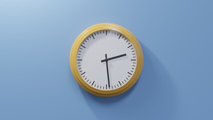 Glossy orange clock on a blue wall at twenty-nine past two. Time is 02:29 or 14:29