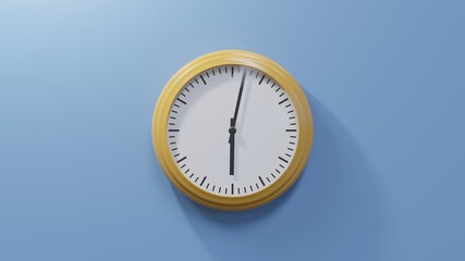 Glossy orange clock on a blue wall at two past six. Time is 06:02 or 18:02