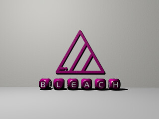 3D representation of BLEACH with icon on the wall and text arranged by metallic cubic letters on a mirror floor for concept meaning and slideshow presentation. background and illustration