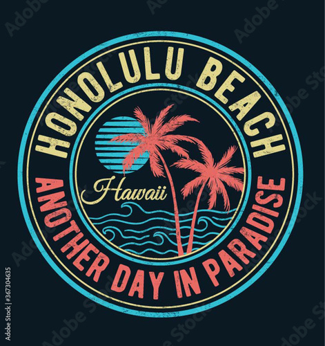 Fototapeta na szkło Hawaii, Honolulu beach vector illustration for t-shirt and other uses.