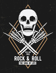 Wall Mural - Rock music graphic design with Rock hand sing illustration for t-shirt and other uses.