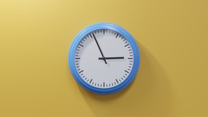 Glossy blue clock on a orange wall at fifty-six past two. Time is 02:56 or 14:56