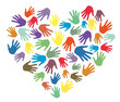 Colorful hands palms in heart shape vector. Love, team, friendship, charity, volunteering, help, community support and social care concept