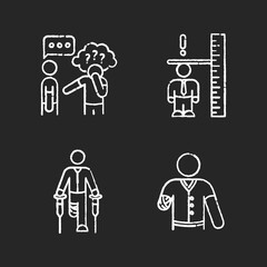 Poster - Medical condition chalk white icons set on black background. Asperger syndrome. Difficulty with social interaction. Adult with dwarfism. Health care problem. Isolated vector chalkboard illustrations