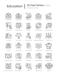 Wall Mural - Education pixel perfect linear icons set. Learning process, student life. Modern education system Customizable thin line contour symbols. Isolated vector outline illustrations. Editable stroke