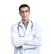 © Mykola - Young man in a white doctor’s coat with a stethoscope posing on a white background in isolation