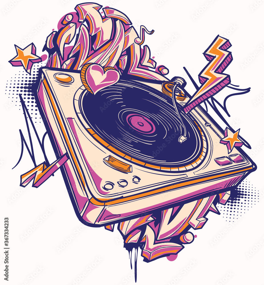 Funky colorful music design - turntable musical graffiti の Stock