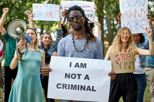 Plakat diverse american people took to the public park and streets to protest anti-black racism and police brutality. black lives matter, blm concept
