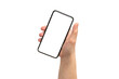 © Nikolay - Smart phone in man hand isolated on white background.  White screen.