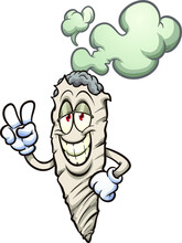 Cartoon Marijuana Cigarette Making The Peace Sign. Vector Clip Art Illustration With Simple Gradients. Cigarette And Smoke On Separate Layers.