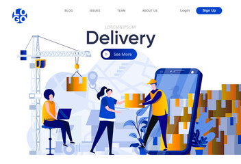Leinwandbilder - Delivery flat landing page. Customers using delivery mobile application and courier with parcel vector illustration. Logistics and express delivery service web page composition with people characters