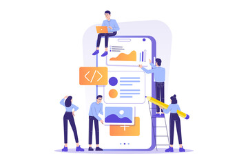 App Design and Development concept. Developers team creating or programming an application for smartphone. Isolated modern vector illustration for web banner, poster, ui