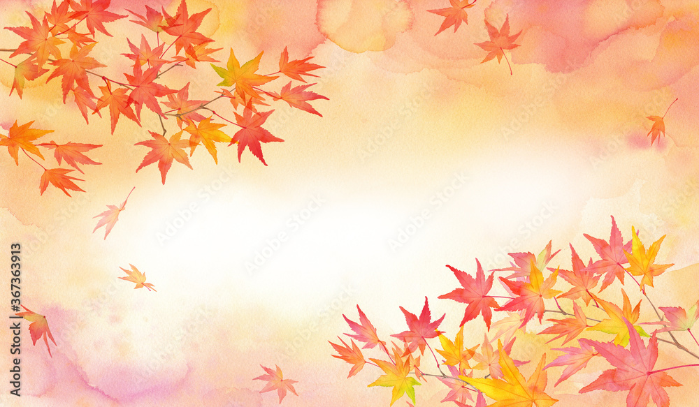 赤く色づいた秋の紅葉の背景 水彩イラスト ２隅装飾フレームデザイン Acer Wall Mural Ac Keiko Takamatsu