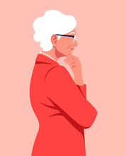Portrait Of A Pensive Woman In A Profile. An Elderly Employe Is Meditating. Side View. Problems In Business. Vector Flat Illustration