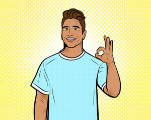 Young man in pop art style. Background in comic style retro pop art. Illustration for print advertising and web.