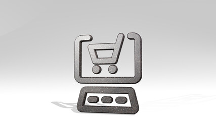 e commerce cart monitor keyboard casting shadow with two lights. 3D illustration of metallic sculpture over a white background with mild texture. letter and design