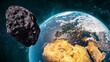 Giant asteroid cruising near Planet Earth scenery or spacescape. Outer space landscape and astronomy 3D rendering illustration. Earth textures provided by NASA.