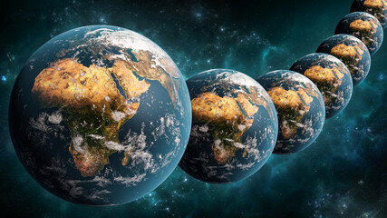 alignment or array of many earth planet in outer space scenery 3d rendering illustration. multiverse