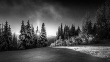 Black And White Photo Of The Sun Setting Behind The Trees On The Ski Slopes Of Sun Peaks Resort In The Shuswap Highlands, British Columbia, Canada