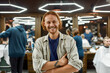 © Svitlana - Great time in barbershop. Portrait of happy handsome redhead man looking at camera and smiling, visiting modern barbershop